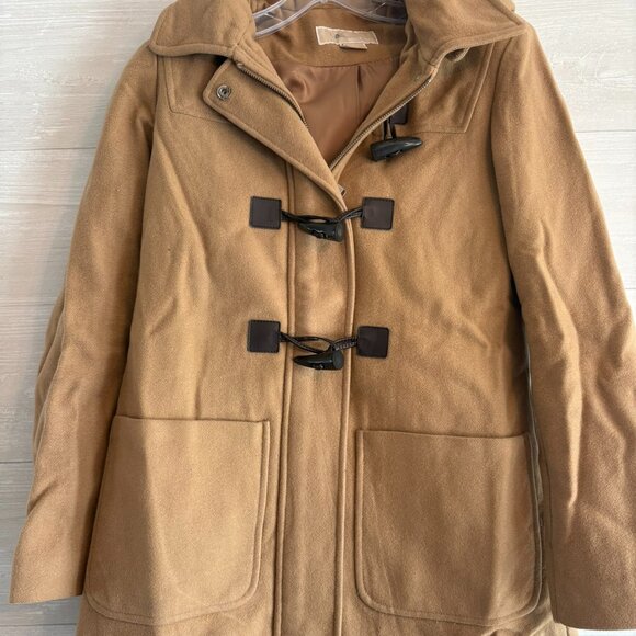 Michael Kors Caramel Beige Tan Brown Hooded Wool Coat with Buckles Size XS 2 - Picture 1 of 9